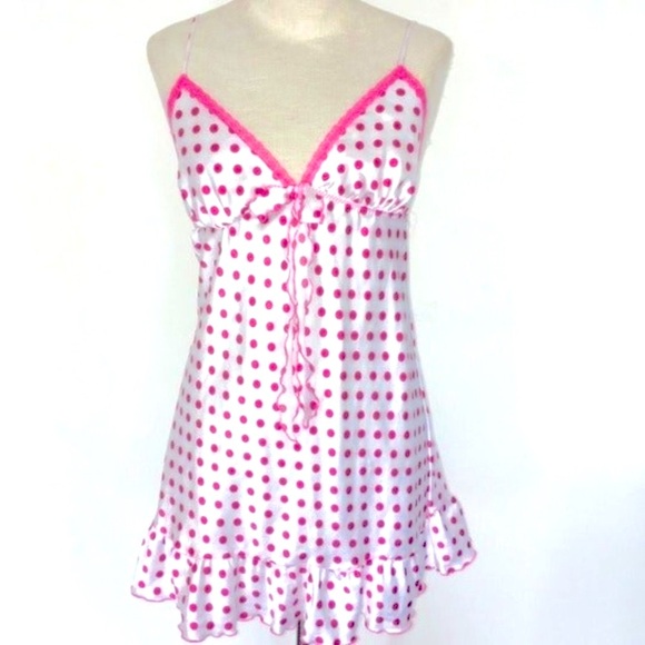 VICTORIA'S SECRET Angels Pink & White Polka Dot Slip Nightgown Babydoll Nighty - Picture 1 of 5